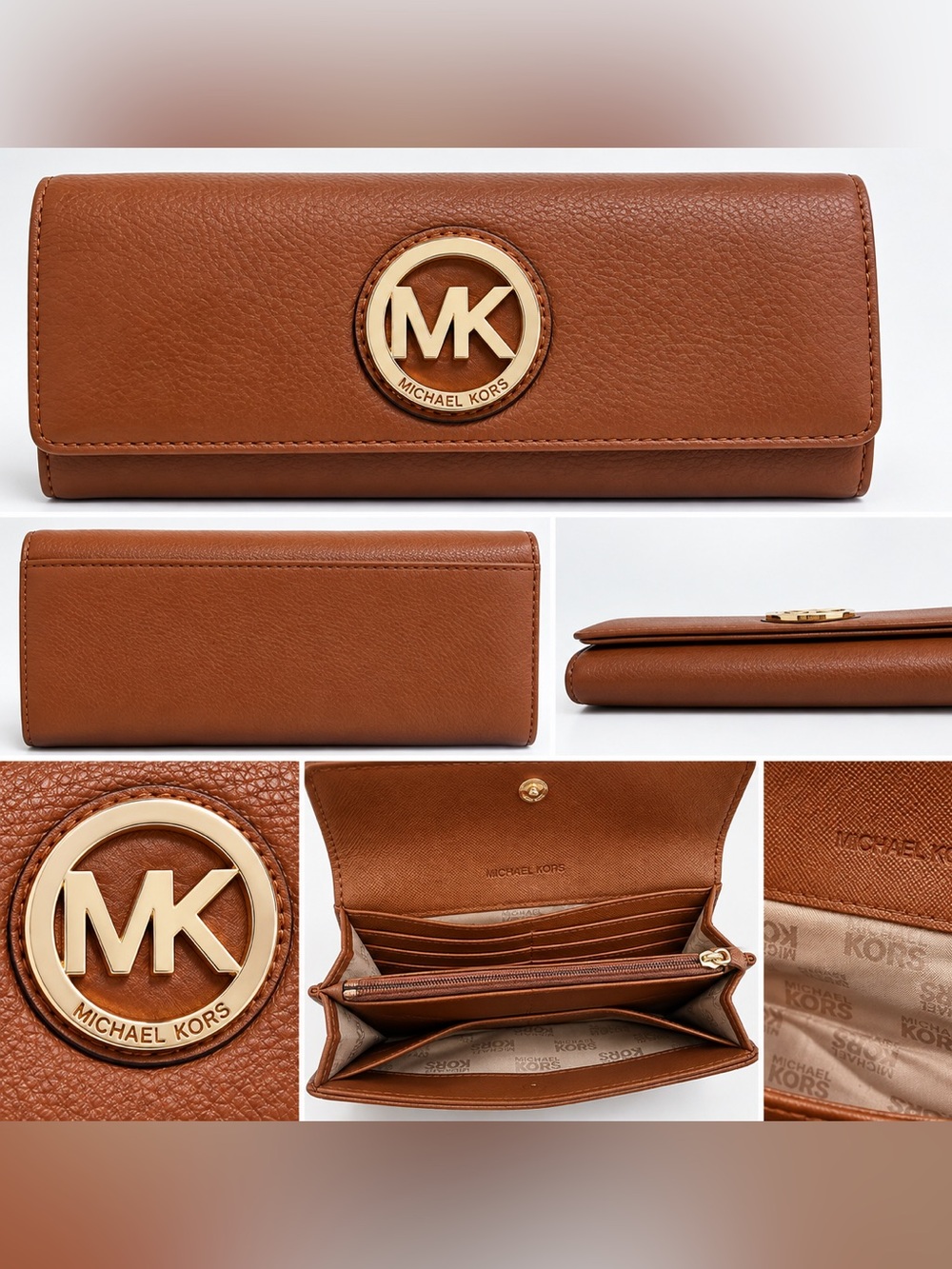 Michael Kors Brown Leather Continental Wallet Gold MK Logo